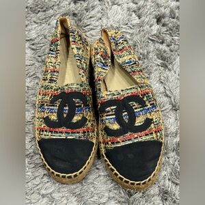 Chanel CC Cap Toe Grosgrain Tweed Espadrille Flats Size Eu 39 US 7